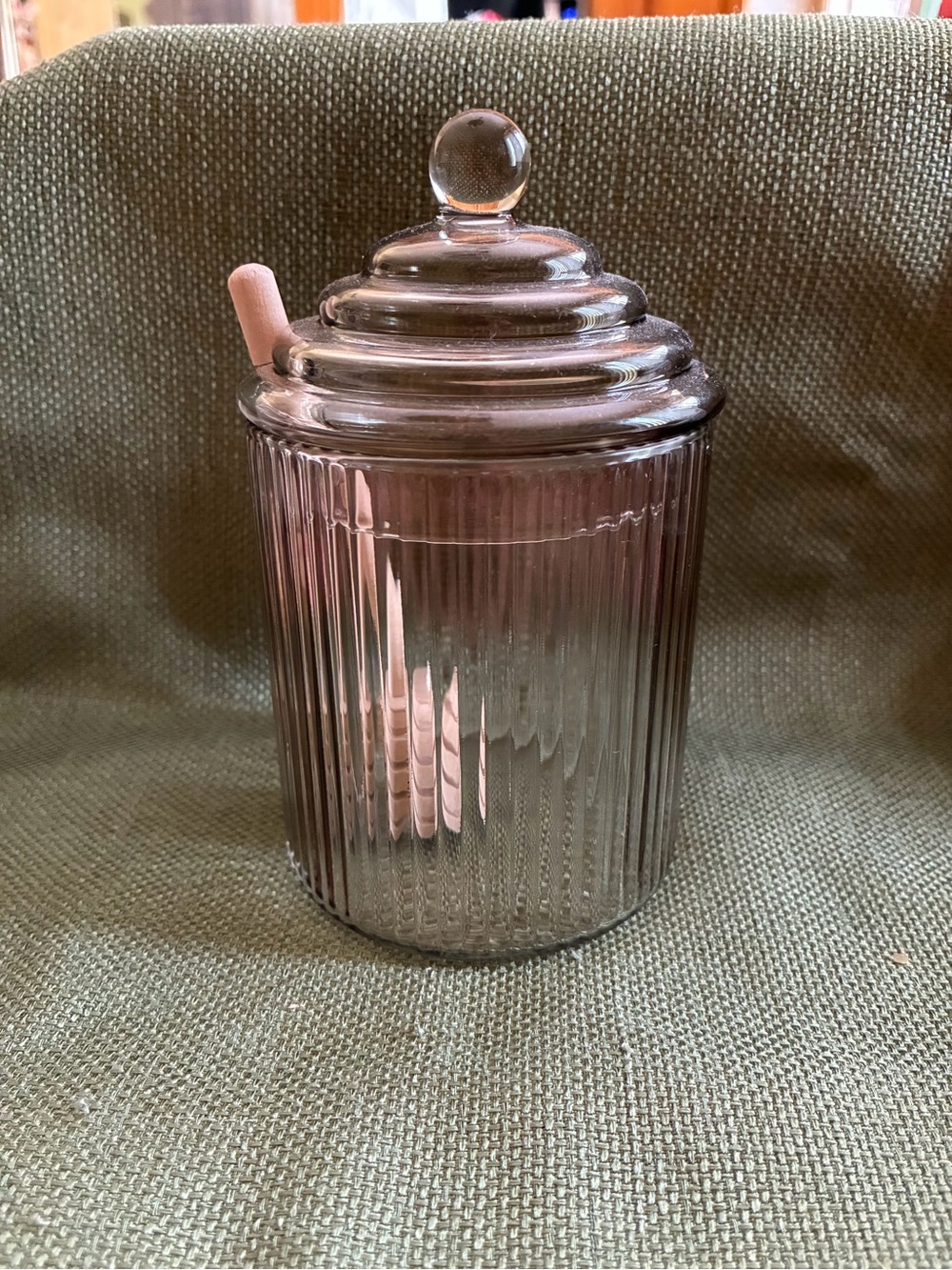 Ribbed Glass Canister with Lid and honey stick - Smoky gray